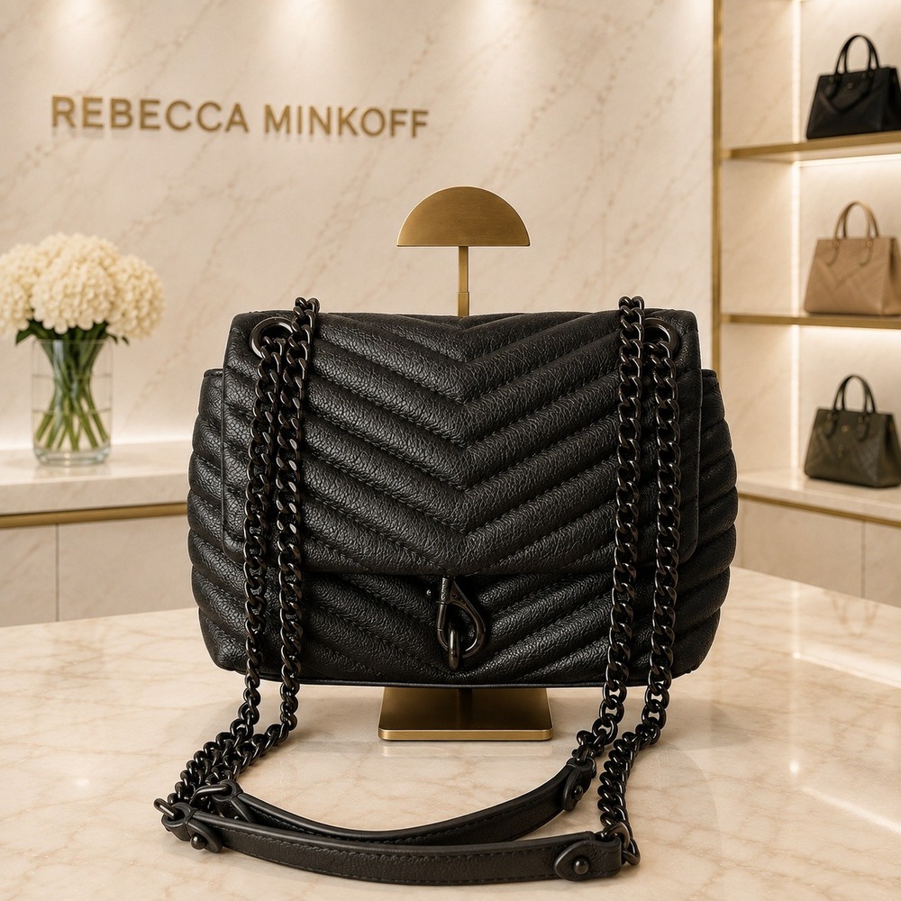 Rebecca Minkoff Edie Quilted Leather Flap Shoulder Bag Chevron Black NWT